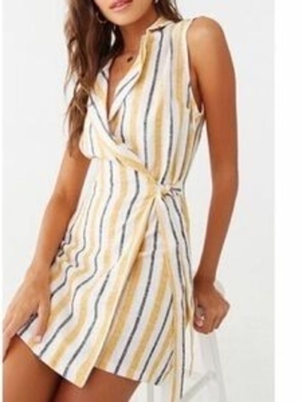 Love Tree Yellow, White And Black Striped Sleeveless Wrap Mini Dress